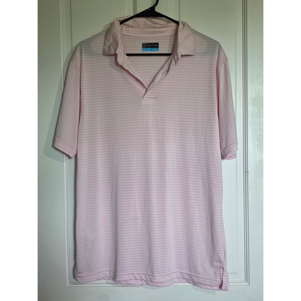 PGA Tour Mens Medium Pink & Light Pink Striped Short Sleeve Golf Polo Shirt